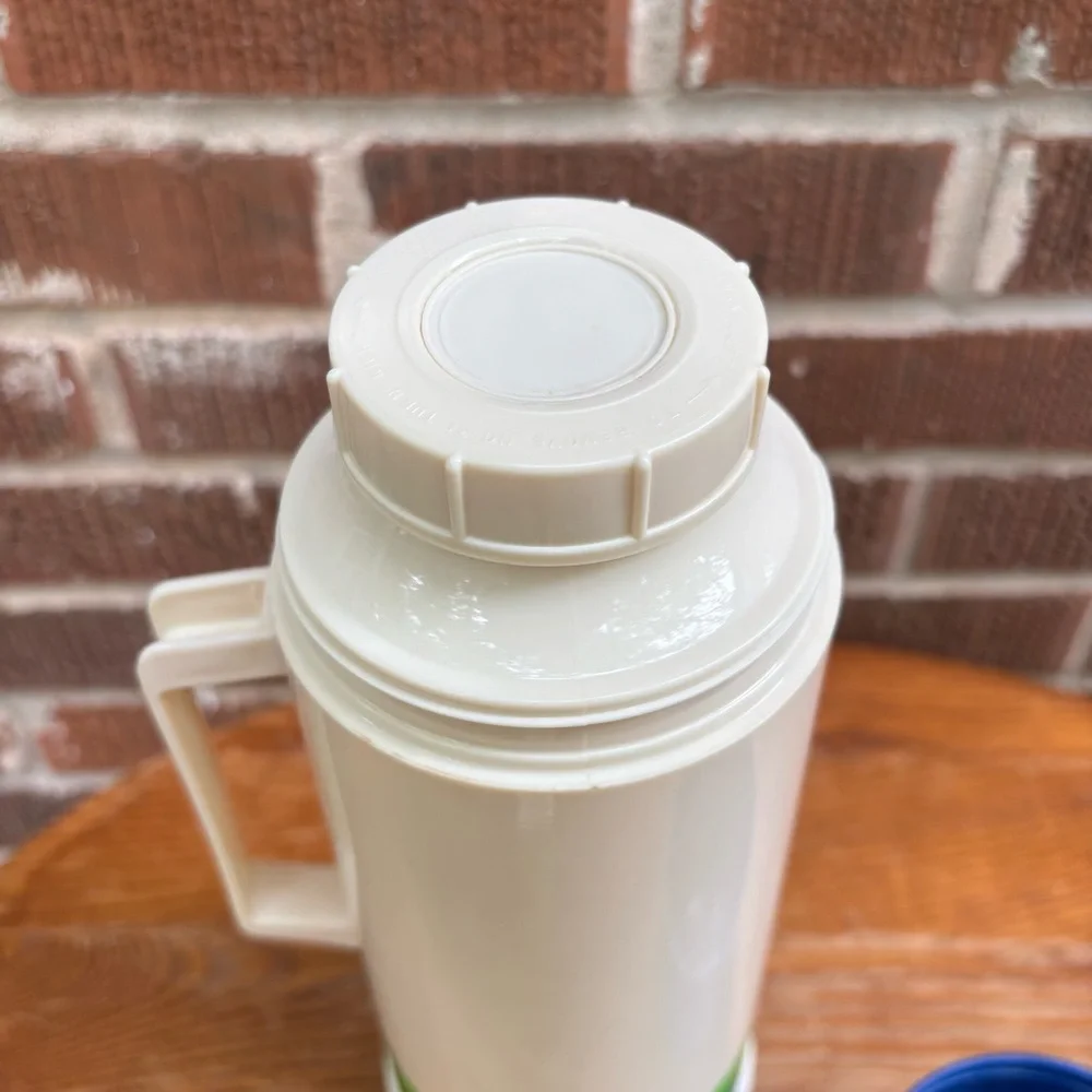 Vintage Aladdin Quart Thermos Retro Blues and Greens Stripe on Beige Stopper 12